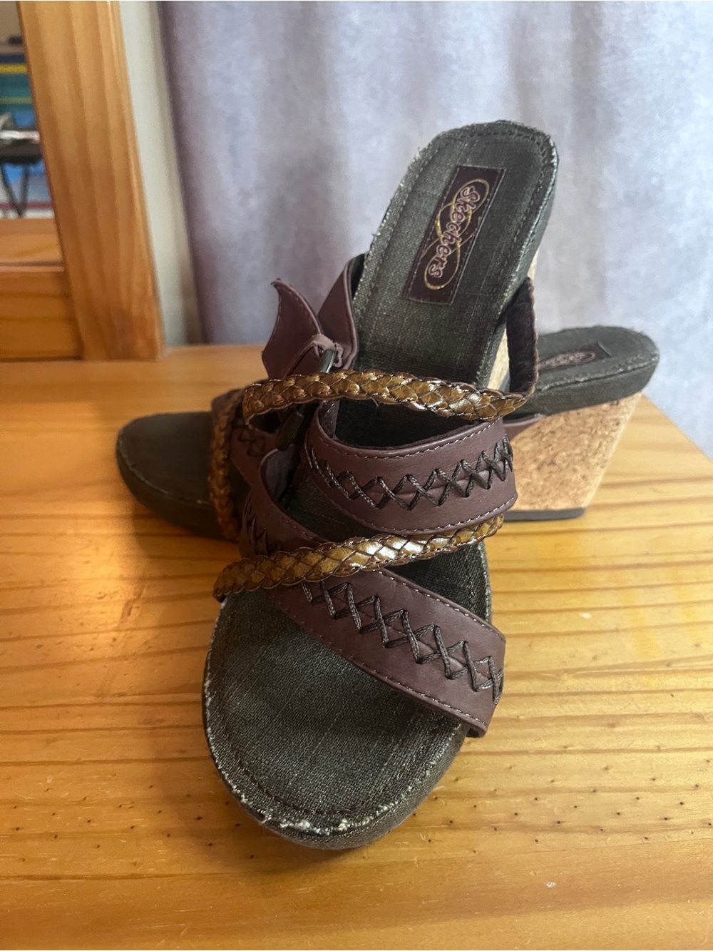 Skechers Brown Braided Strap Cork Wedge Sandals